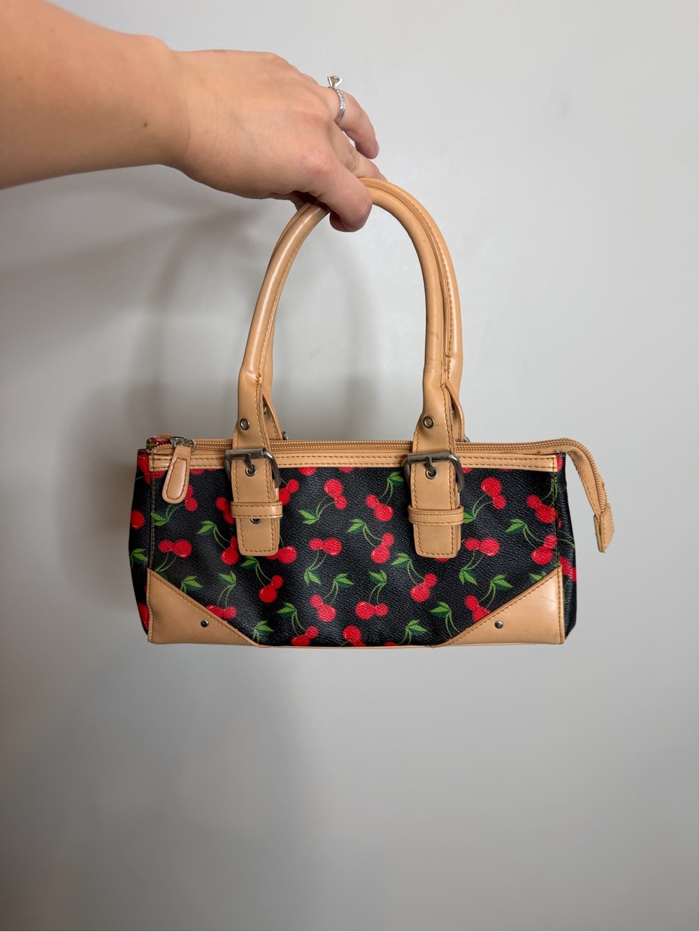 Whatever Cherry Print Barrel Bag Y2K Coquette Black Mini Shoulder Purse